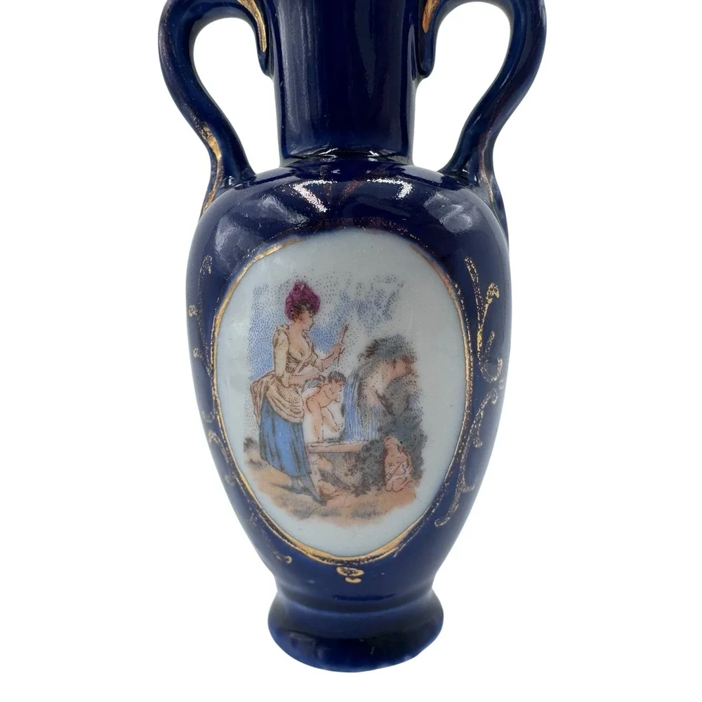 Vintage Cobalt Blue Miniature Bud Vase Classical Scene Gold Gilt Trim 4in